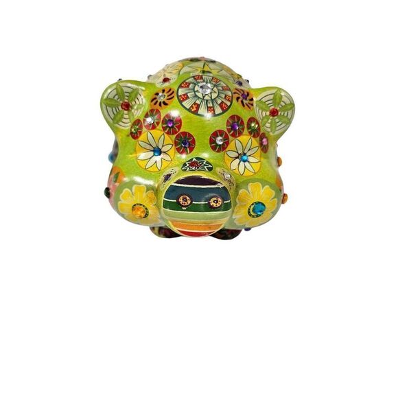 Vintage Mexican Pottery Hand Painted Multicolor Ceramic Bedazzled Jeweled Piggy